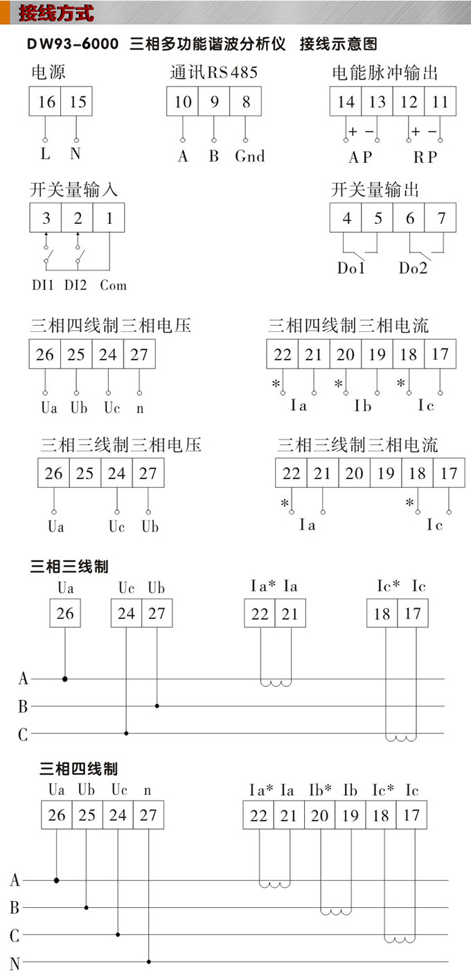 網(wǎng)絡(luò)電力儀表,DW123-6000多功能諧波表接線(xiàn)圖