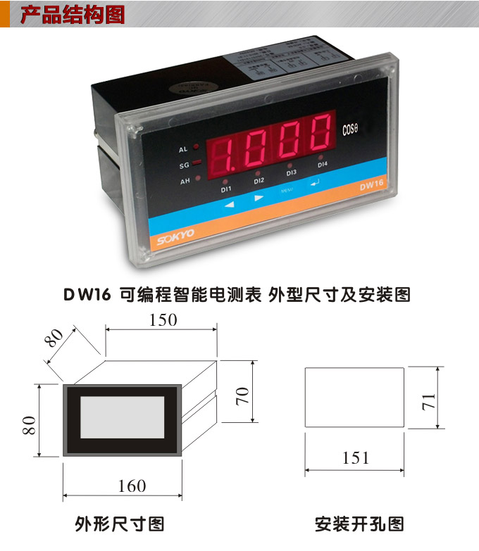 數(shù)字功率因數(shù)表，DW16三相功率因數(shù)表產(chǎn)品外形結(jié)構(gòu)圖