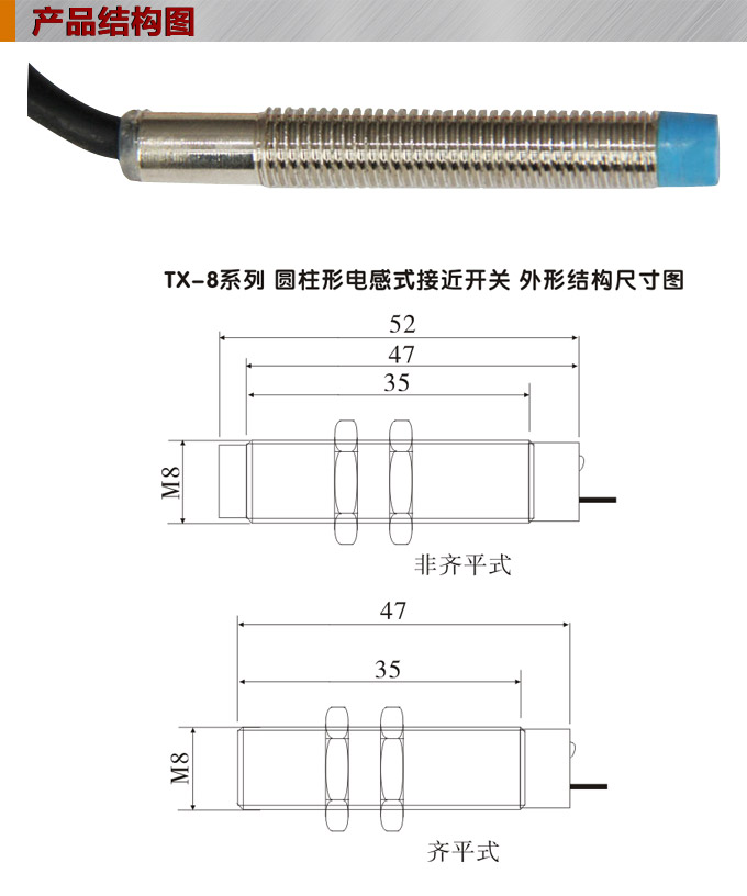 電感式接近開關(guān),TX-8圓柱形接近開關(guān)結(jié)構(gòu)圖 電感式接近開關(guān),TX-8圓柱形接近開關(guān)結(jié)構(gòu)圖